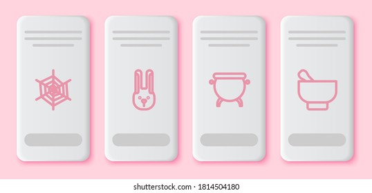 Set line Spider web, Rabbit with ears, Witch cauldron and Magic mortar and pestle. White rectangle button. Vector