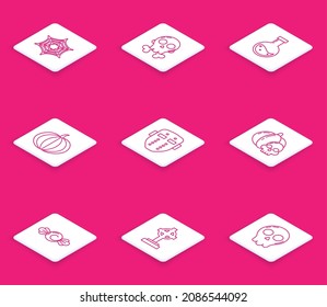 Set line Spider web, Skull on crossbones, Bottle with potion, Pumpkin, Hockey mask, and skull, Candy and Tombstone icon. Vector