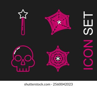 Set line Spider web, Skull,  and Magic wand icon. Vector