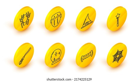 Set line Spider web, Vampire teeth, Magic ball, Witches broom, wand, hat, Hockey mask and  icon. Vector