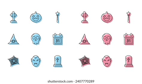 Set line Spider web, Vampire, Tombstone with cross, Skull, Calendar Halloween date 31 october, Witch hat and Pumpkin icon. Vector