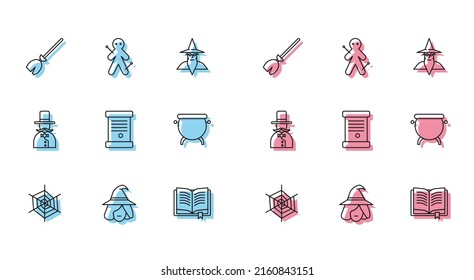 Set line Spider web, Witch, Witches broom, Ancient magic book, Decree, paper, parchment, scroll, cauldron, Magician and Voodoo doll icon. Vector