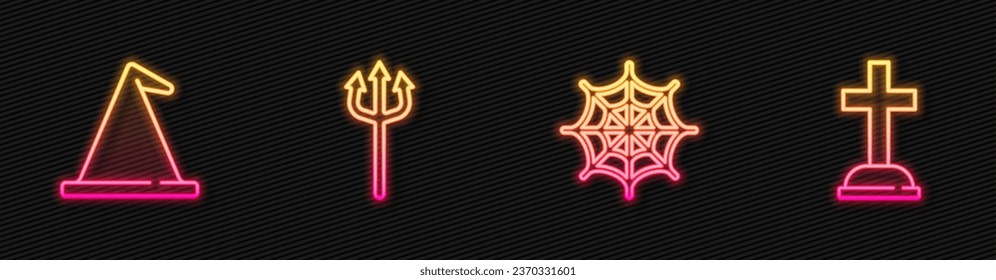 Set line Spider web, Witch hat, Neptune Trident and Tombstone with cross. Glowing neon icon. Vector