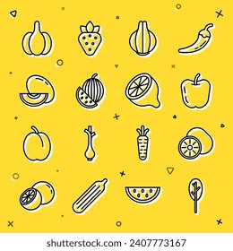 Set line Spinach, Kiwi fruit, Apple, Onion, Watermelon, Melon, Garlic and Lemon icon. Vector