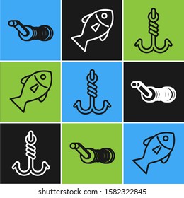 Set line Spinning reel for fishing, Fishing hook and Fish icon. Vector