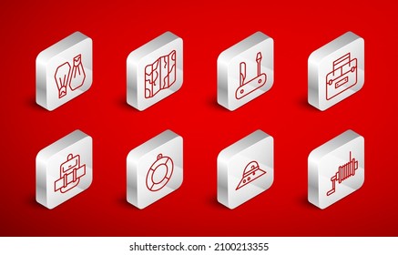 Set line Spinning reel for fishing, Folded map, Swiss army knife, Case container wobbler, Fisherman hat, Rubber flippers swimming, Lifebuoy and Hiking backpack icon. Vector