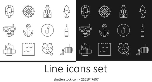 Set line Spinning reel for fishing, Bottle of vodka, Fisherman, Anchor, Diving mask and snorkel, Inflatable boat, Fishing hook and Ship steering wheel icon. Vector