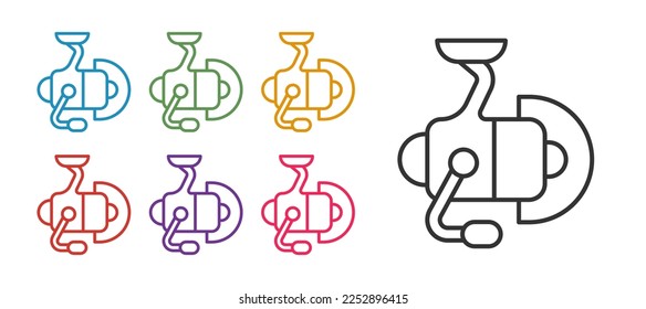 Set line Spinning reel for fishing icon isolated on white background. Fishing coil. Fishing tackle. Set icons colorful. Vector