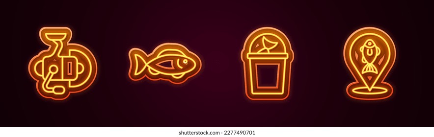 Set line Spinning reel for fishing, Fish, Fishing bucket with and Location. Glowing neon icon. Vector