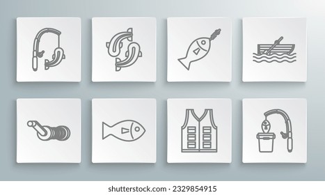Set line Spinning reel for fishing, Fish, Fishing jacket, rod and, on hook, boat with oars water and  icon. Vector