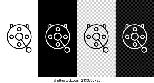 Set line Spinning reel for fishing icon isolated on black and white background. Fishing coil. Fishing tackle.  Vector