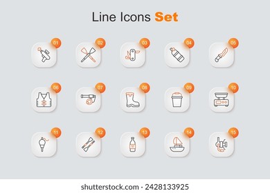 Set line Spinning reel for fishing, Yacht sailboat, Bottle of vodka, Oars paddles, Fishing float, Electronic scales, bucket and boots icon. Vector