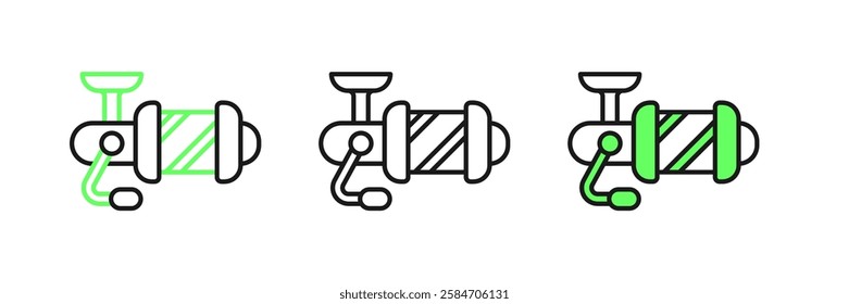 Set line Spinning reel for fishing icon isolated on white background. Fishing coil. Fishing tackle.  Vector