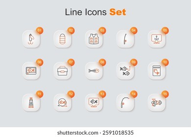 Set line Spinning reel for fishing, Fishing rod, Location, Fisherman pants, Served plate, hook with and skeleton icon. Vector