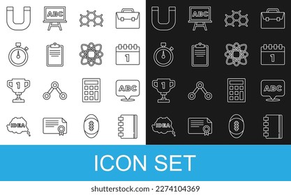 Set line Spiral notebook, Alphabet, Calendar first september date, Chemical formula, Clipboard with checklist, Stopwatch, Magnet and Atom icon. Vector