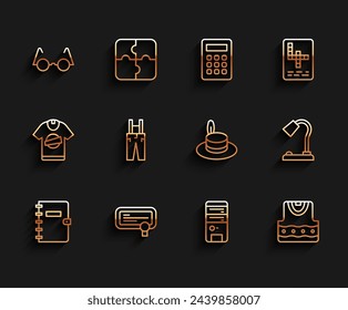 Set line Spiral notebook, Certificate template, Eyeglasses, Computer, Waistcoat, Pants with suspenders, Table lamp and Man hat icon. Vector