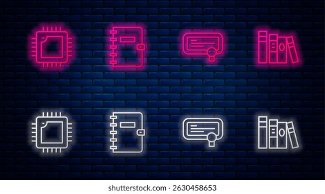 Set line Spiral notebook, Certificate template, Processor with CPU and Book. Glowing neon icon on brick wall. Vector