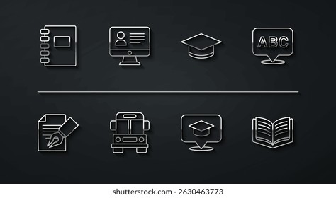 Set line Spiral notebook, Exam sheet and pencil, Alphabet, Graduation cap in speech bubble, School Bus, Online class, Open and  icon. Vector