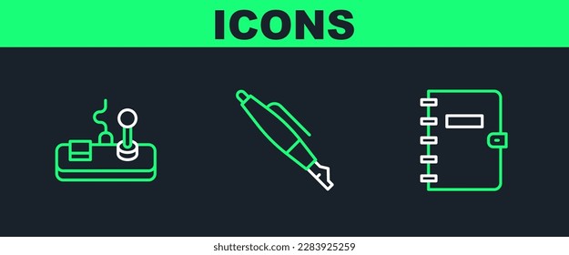 Set line Spiral notebook, Gamepad and Fountain pen nib icon. Vector