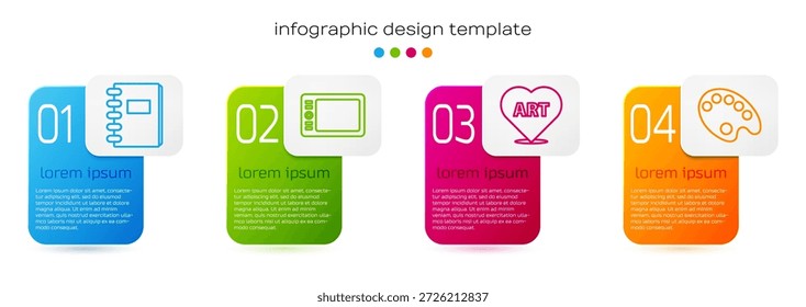 Set line Spiral notebook, Graphic tablet, Heart with text art and Palette. Business infographic template. Vector