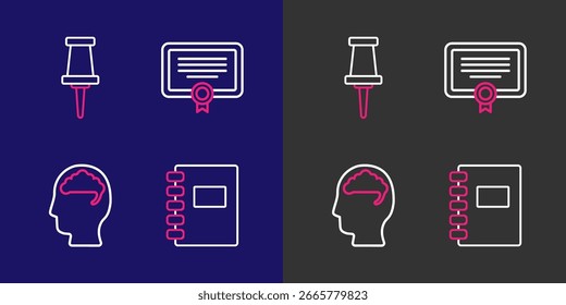 Cuaderno espiral de la línea del sistema, cerebro humano, Plantilla del certificado y icono del perno del empuje. Vector