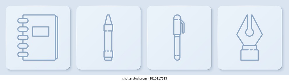 Set line Spiral notebook, Pen, Wax crayons for drawing and Fountain pen nib. White square button. Vector