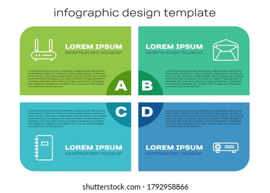 Set line Spiral notebook, Router and wi-fi signal, Movie, film, media projector and Envelope. Business infographic template. Vector