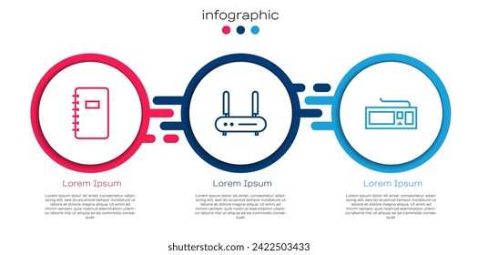 Ajuste el bloc de notas de línea Spiral, la señal de enrutador y wi-fi y el teclado. Plantilla de infografía empresarial. Vector