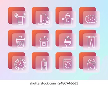 Set line Sponge, Bottle for detergent, Toilet bowl, Washer, House, Kitchen apron, Towel hanger and Vacuum cleaner icon. Vector