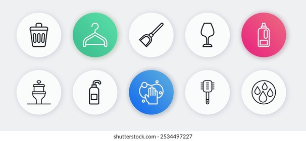 Set line Sponge, Bottle for detergent, Toilet bowl, brush, Wine glass, Dustpan, Water drop and Antibacterial soap icon. Vector