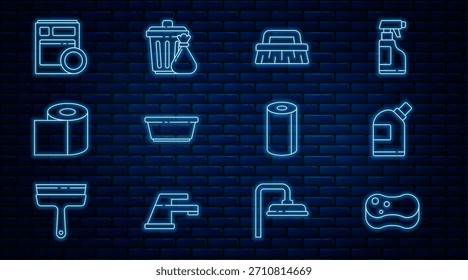 Set line Esponja, Garrafas para agente de limpeza, Escova, Bacia de plástico, rolo de papel higiênico, Máquina de lavar louça de cozinha, Toalha de papel e lata de lixo e ícone de saco de lixo. Vetor