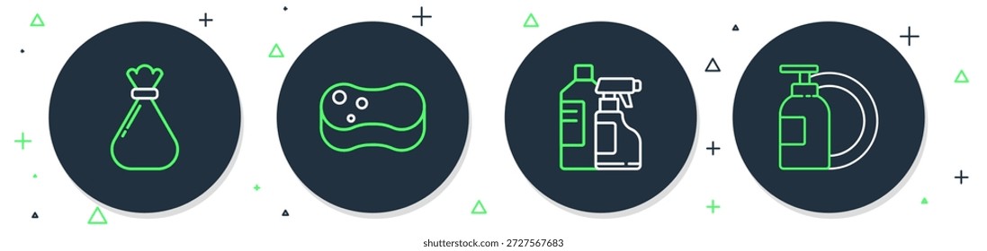 Set line Sponge, Bottles for cleaning agent, Garbage bag and Dishwashing liquid bottle and plate icon. Vector