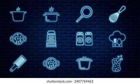 Set line Sponge with bubbles, Chef hat fork and spoon, Frying pan, Grater, Cooking soup pot, Salt pepper and  icon. Vector
