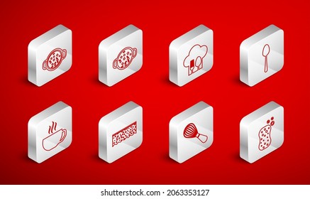 Set line Sponge with bubbles, Cooking soup in pot, Chef hat fork and spoon, Spoon, Kitchen whisk,  and Coffee cup icon. Vector