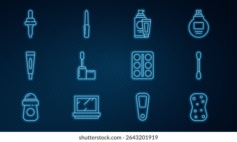Definir linha Esponja com bolhas, algodão swab para orelhas, tubo cosmético de loção de creme, pincel de rímel, Pipeta, paleta de sombra de olho e ícone de arquivo de prego. Vetor