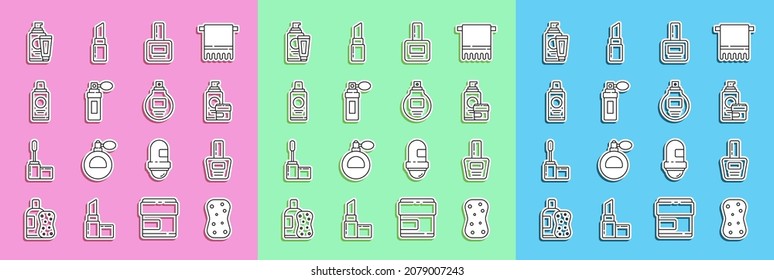 Set line Sponge with bubbles, Nail polish bottle, Cream or lotion cosmetic tube, Perfume, Bottle of shampoo,  and  icon. Vector