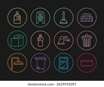 Set line Sponge with bubbles, Trash can, Rubber plunger, Dishwashing liquid bottle, Toilet paper roll, Fabric softener, Water tap and Wet floor and cleaning progress icon. Vector