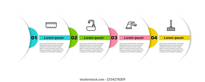 Set line Sponge with bubbles, Washbasin water tap, Water and Handle broom. Business infographic template. Vector