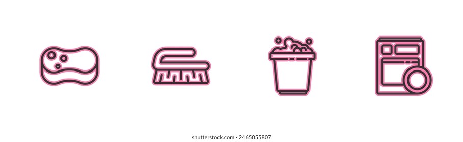 Set line Sponge, Bucket with soap suds, Brush for cleaning and Kitchen dishwasher machine icon. Vector