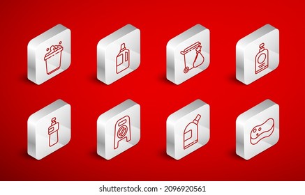 Set line Sponge, Fabric softener, Trash can and garbage bag, Hand sanitizer bottle, Bottles for cleaning agent, Bucket with soap suds, Wet floor progress and Dishwashing liquid icon. Vector
