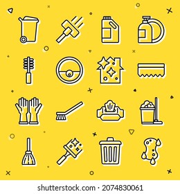 Set line Sponge, Mop and bucket, Bottle for cleaning agent, Robot vacuum cleaner, Toilet brush, Trash can and Home service icon. Vector