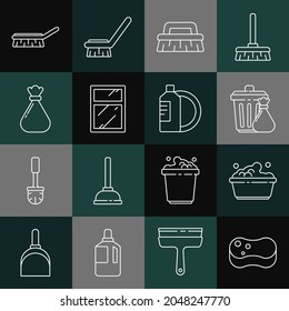 Das Set-Line-Schwamm, Plastikbecken mit Seifensuds, Müllbehälter und Müllbeutel, Bürste für die Reinigung, Reinigungsfenster, Mülleimer und Geschirrspüler Flaschenplatten Symbol. Vektorgrafik