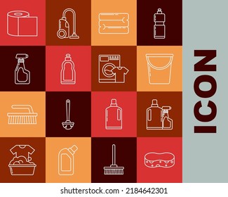Set line Sponge, Plastic bottles for liquid dishwashing liquid, Bucket, Towel stack, Cleaning spray with detergent, Toilet paper roll and Washer and t-shirt icon. Vector