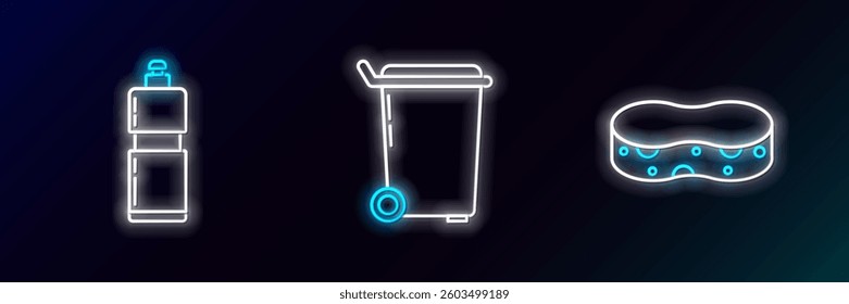 Set line Sponge, Plastic bottles for liquid dishwashing liquid and Trash can icon. Glowing neon. Vector