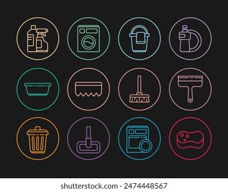 Set line Sponge, Rubber cleaner for windows, Bucket with rag, bubbles, Plastic basin, Bottles cleaning agent, Handle broom and Washer icon. Vector