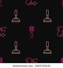 Set line Sponge, Rubber plunger and Toilet brush on seamless pattern. Vector
