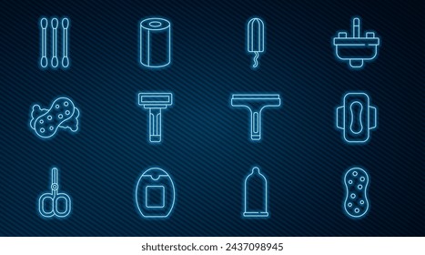 Set line Schwamm, Damenbinde, Tampon, Rasiermesser, Wattestäbchen für Ohren, Gummireiniger und Papierhandtuch-Rolle-Symbol. Vektor