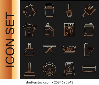 Set line Sponge, Toilet bowl, Trash can, brush, Bottle for cleaning agent, Washing powder, Water spill and Washer icon. Vector