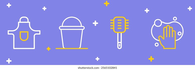 Set line Sponge, Toilet brush, Bucket and Kitchen apron icon. Vector