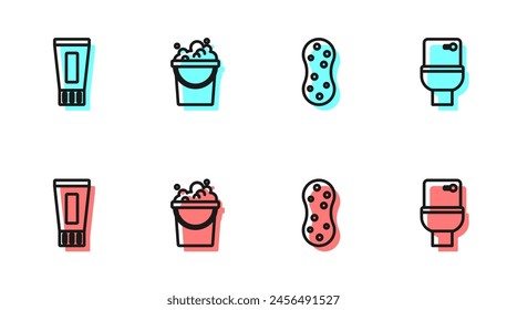 Set line Sponge, Tube of toothpaste, Bucket with soap suds and Toilet bowl icon. Vector